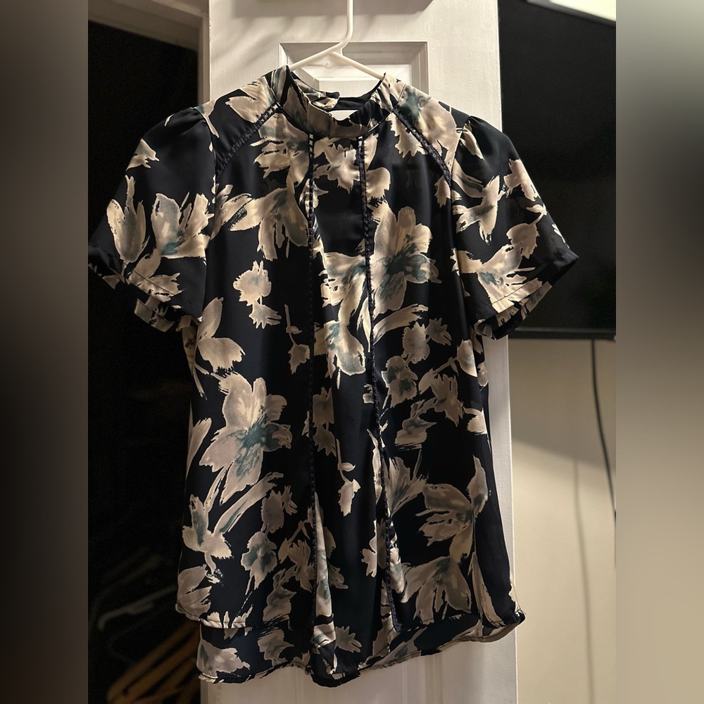 Sienna Sky // S Navy Blue Floral High Neck Blouse